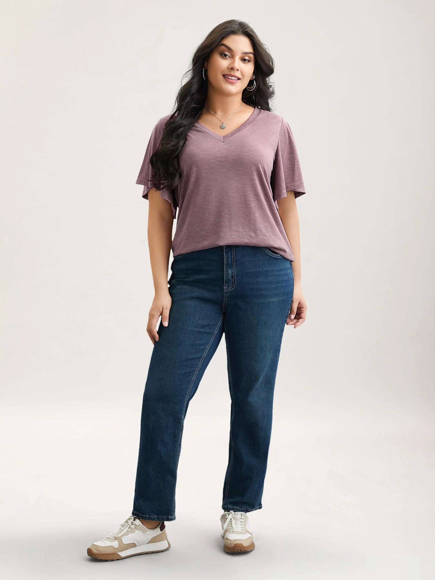 V-Neck Stretchy Flared Sleeve T-Shirt