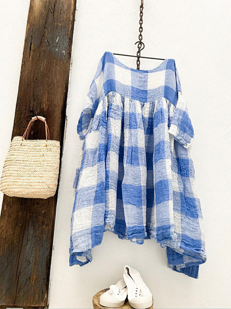 Plaid Patchwork Comfortable Loose Fitting Midi Dress