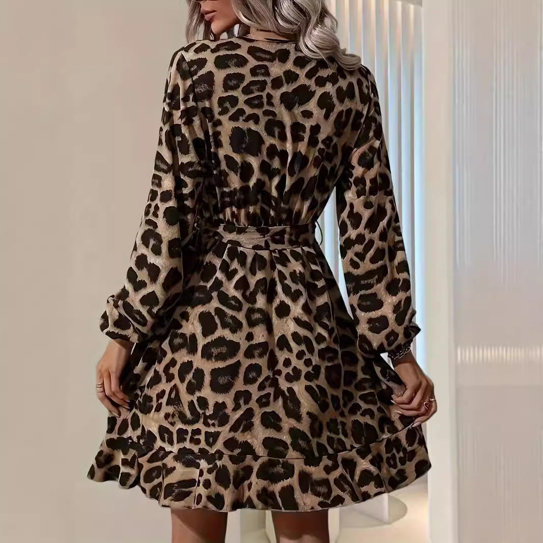 European and American Leopard Print V-Neck High-Waisted Lace-Up Irregular Dress for Women