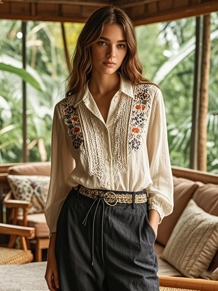 Women's Floral Lace Embroidery Art Long Sleeve Shirt