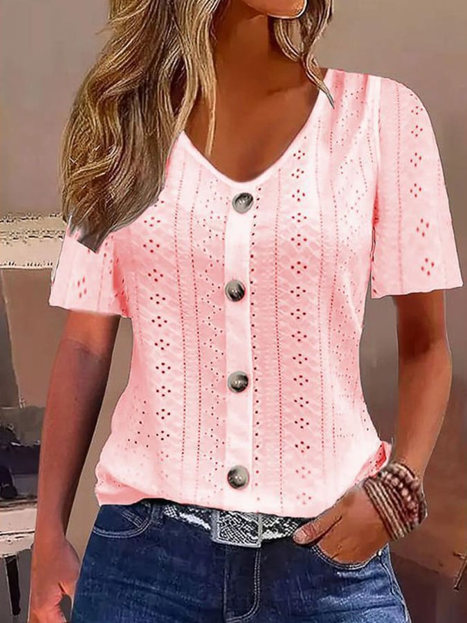 Women's Textured Fabric V-Neck Button Design Casual Shirt