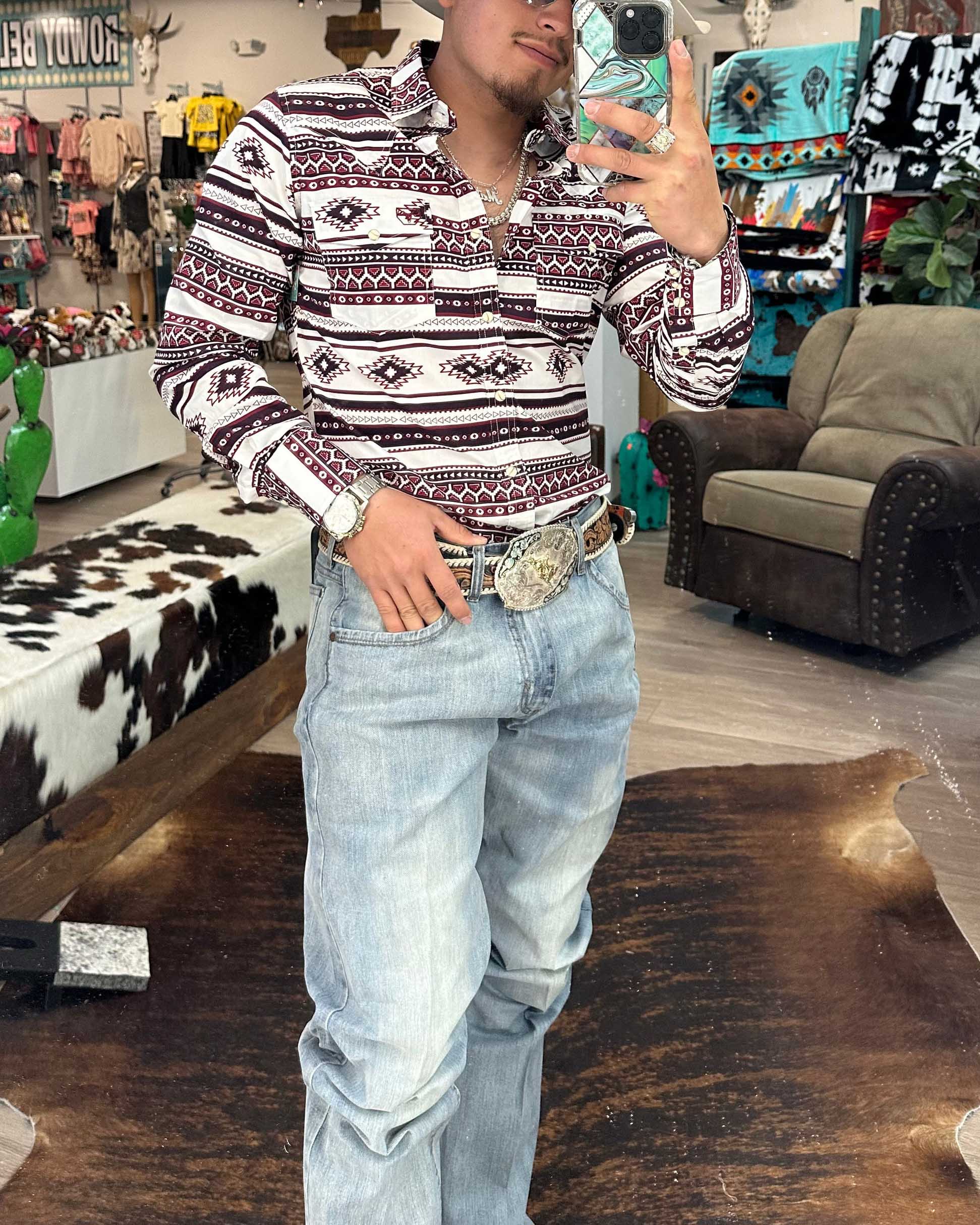 Men's Casual Retro Western Cowboy Stripe Long Sleeve Shirt
