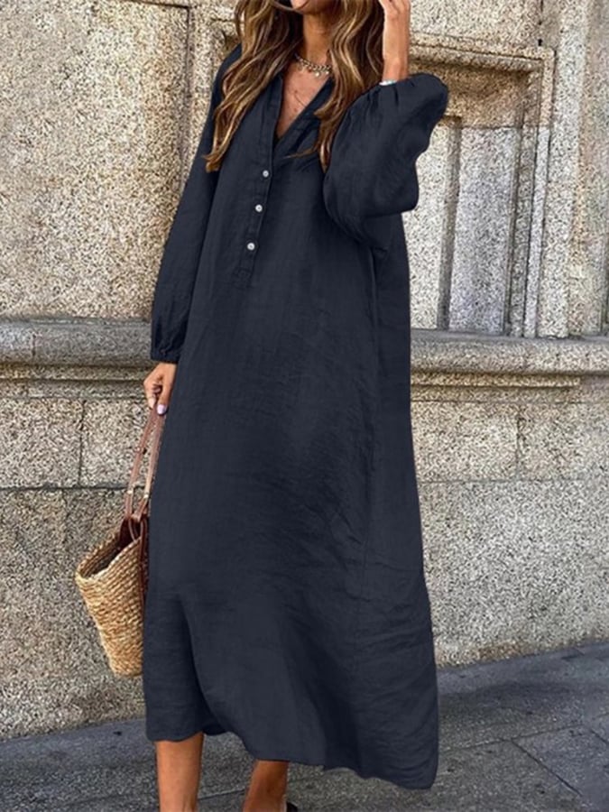Solid Color Long Sleeve V Neck Button Long Dress