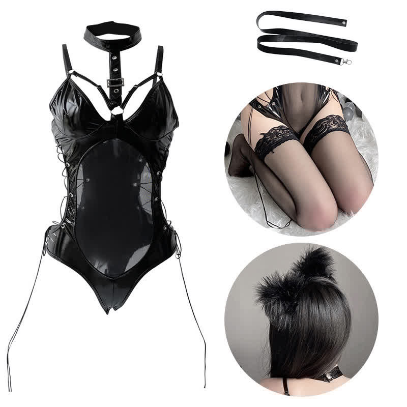 Lace Up Hollow Out PU Jumpsuit Lingerie Set