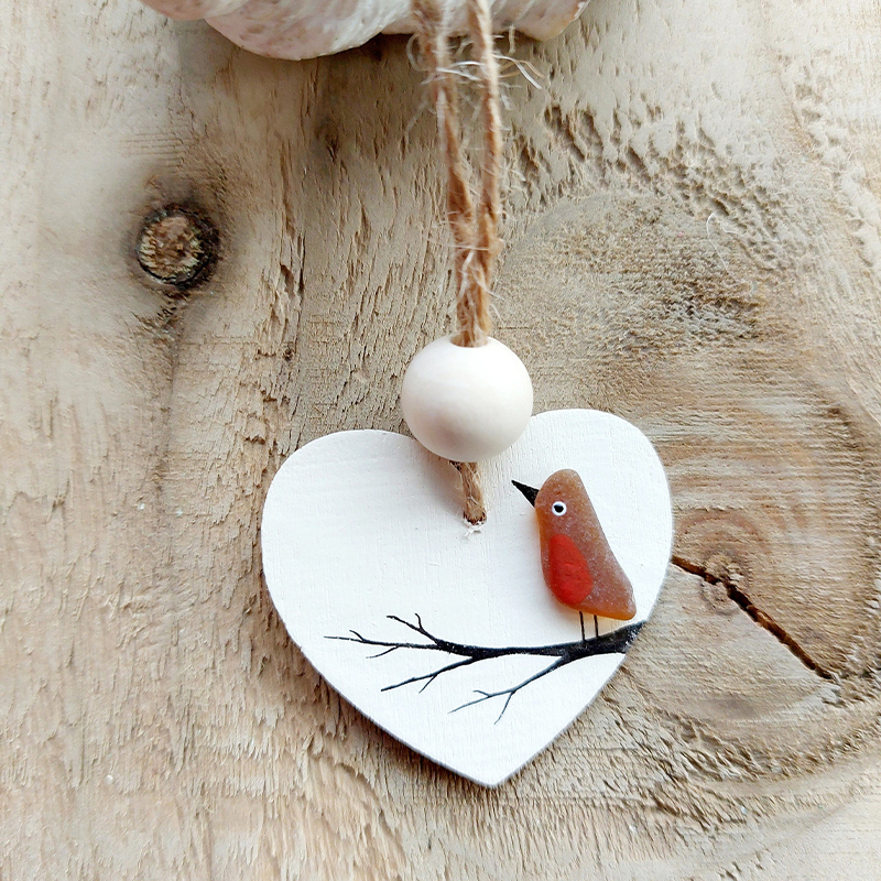 Sea Glass Robin Heart Decoration