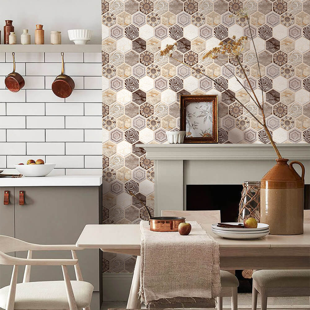 3D Brown Tone Hexagon Boho Peel and Stick Wall Tile