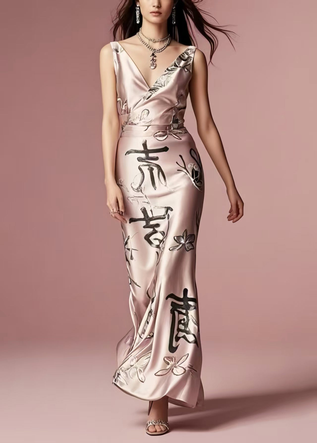 Beautiful Rose Jacquard Silm Fit Silk Cami Dress Summer