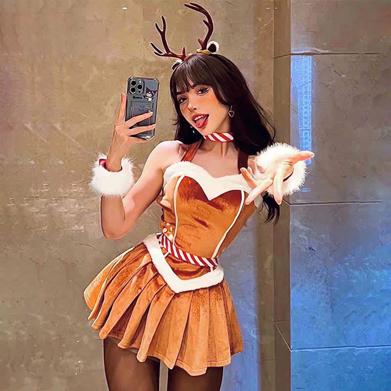 Christmas Elk Halter Fuzzy Pleated Lingerie Dress