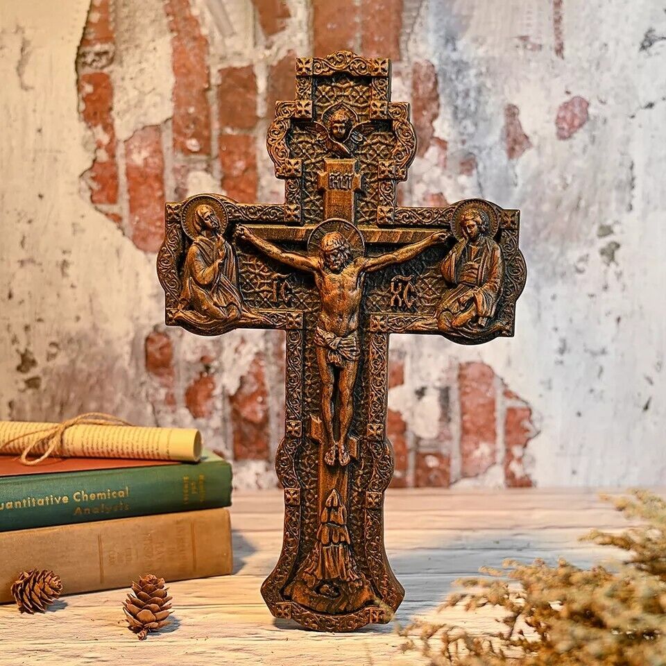 Wooden Orthodox religious Carved Crucifix - Carved from natural wood