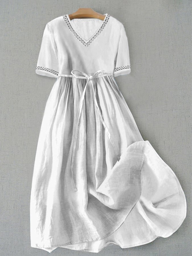 Women's Lace Stitching V-Neck Simple Loose Casual Dress