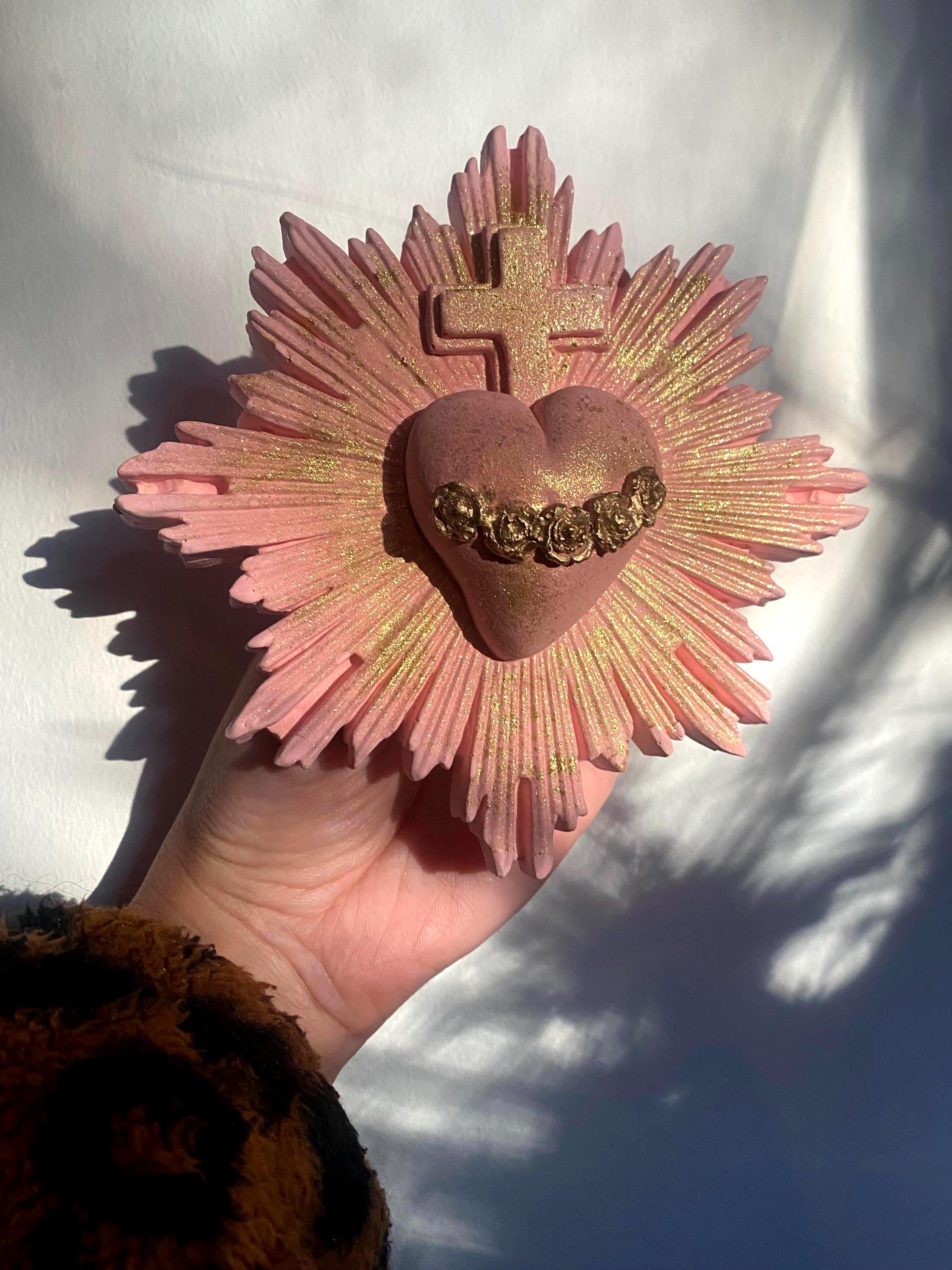 Sacred Heart Wall Decor, Milagro Heart, Flaming Heart & Cross, Handmade.