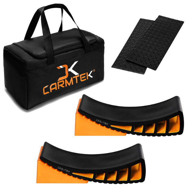 CARMTEK Camper Leveler Premium Kit Curved RV Levelers with Camper Wheel Chocks