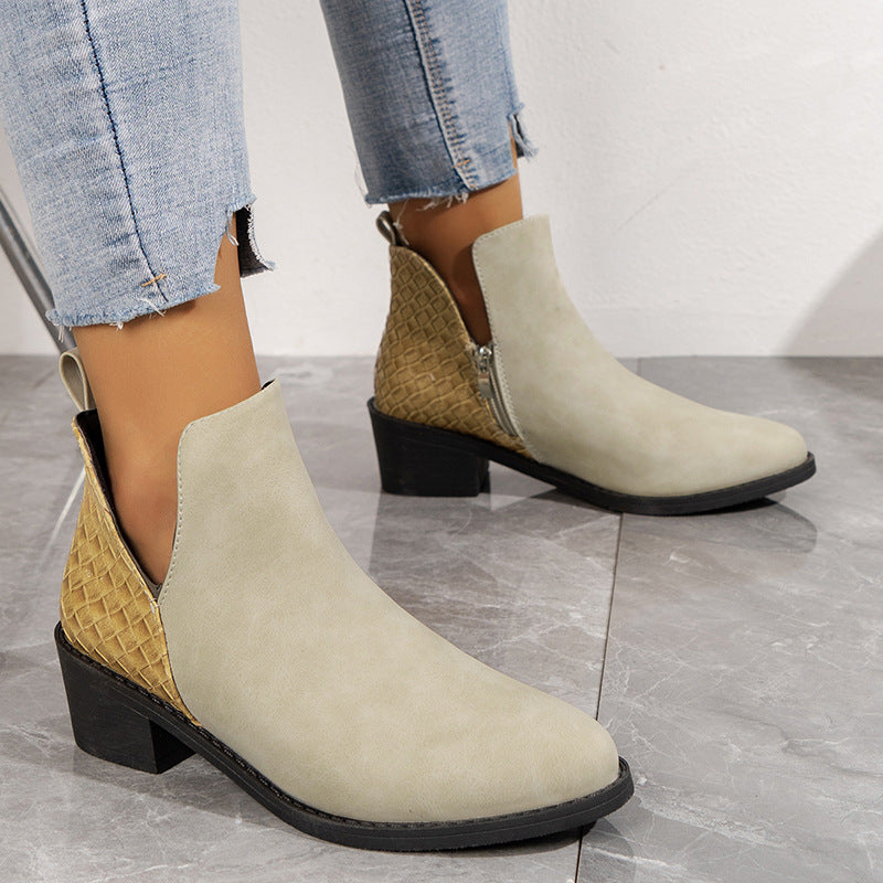 Fashionable V-cut Side Zipper Ankle Boots for Women