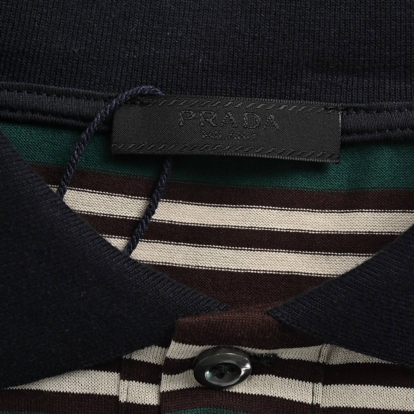 Prada 25ss green striped long-sleeved polo shirt