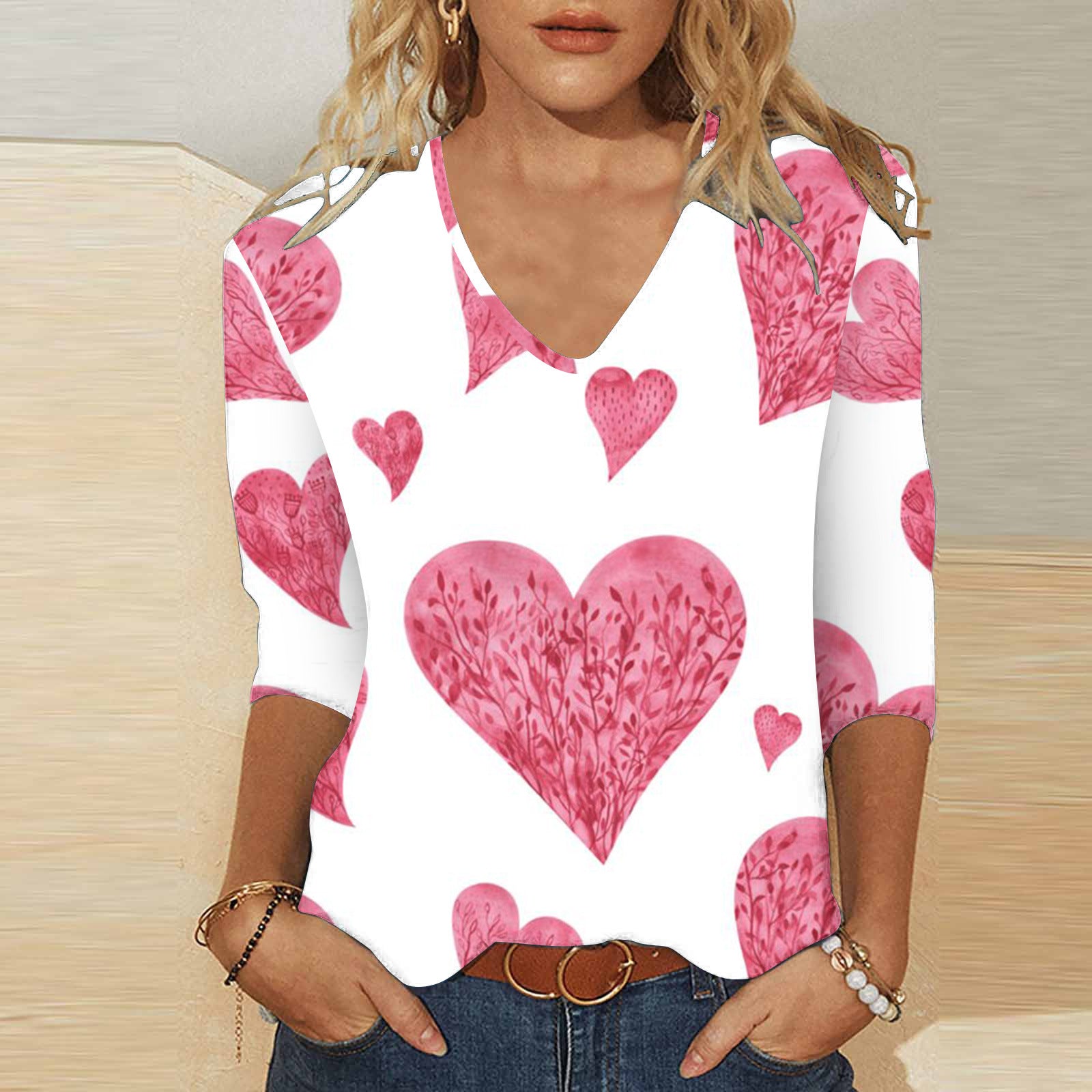 3d Digital Printing Valentine's Day Heart Printing Women's Cute Casual Loose V-neck 34 Sleeves T-shirt