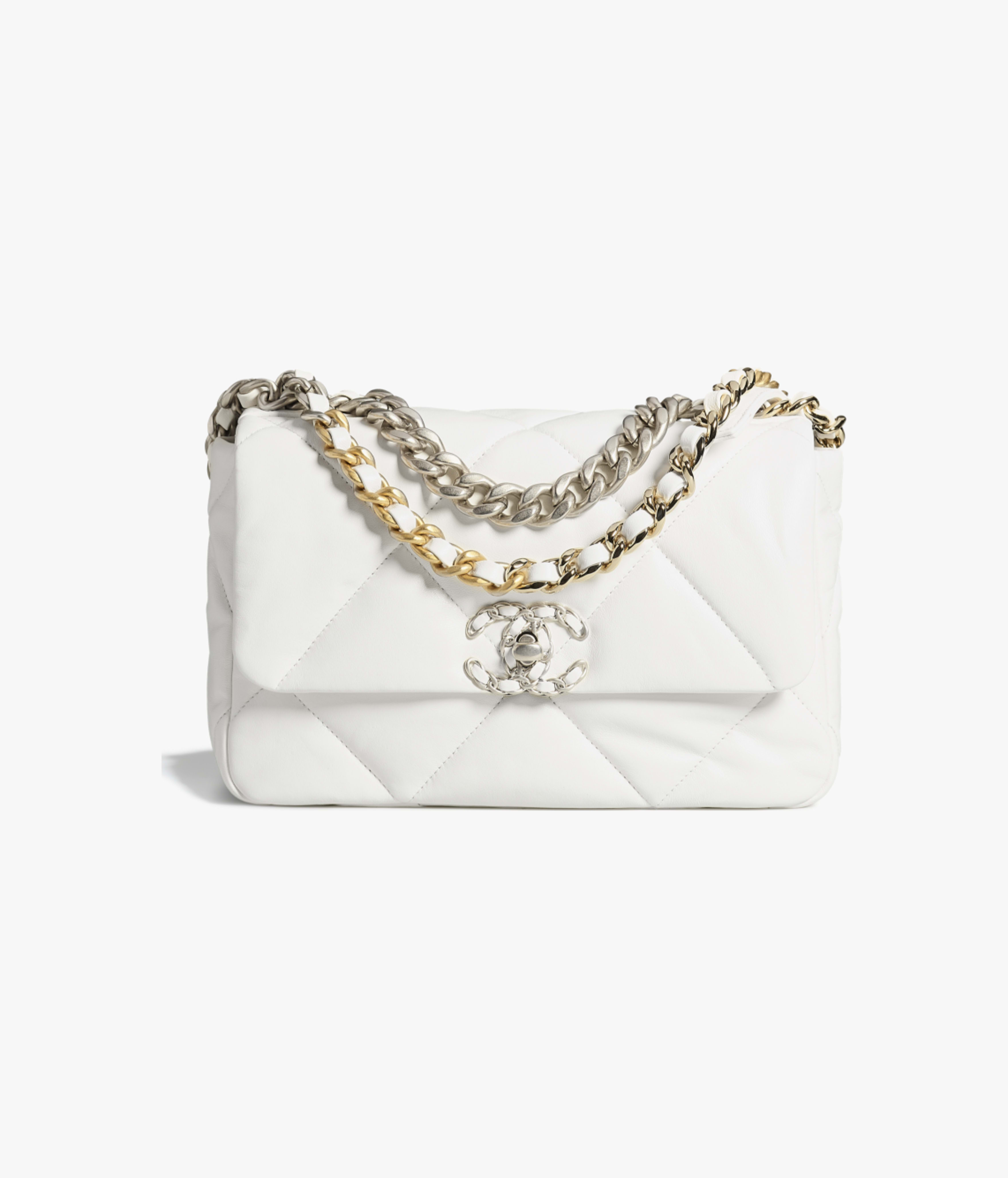CHANEL 19 Handbag Shiny Lambskin, Gold-Tone, Silver-Tone & Ruthenium-Finish Metal White AS1160-B07327-10601