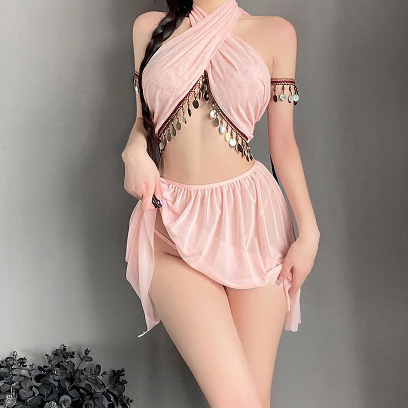 Cross Halter Sequin Backless Sexy Han Costume Lingerie Set