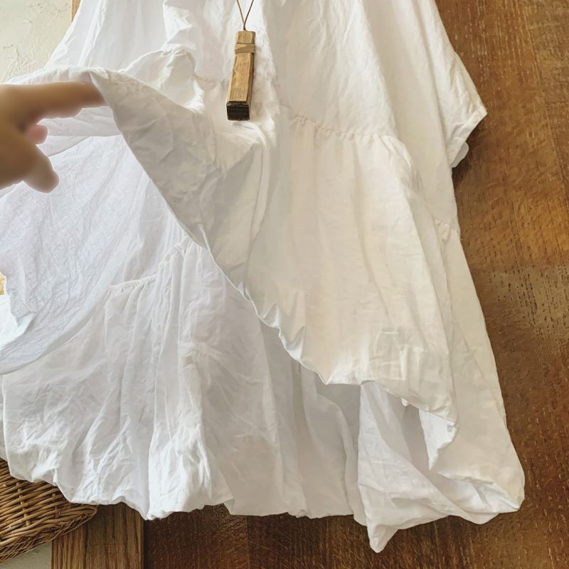 Loose Round Neck Short Sleeve Gathered Paneled Cotton And Linen Shirt
