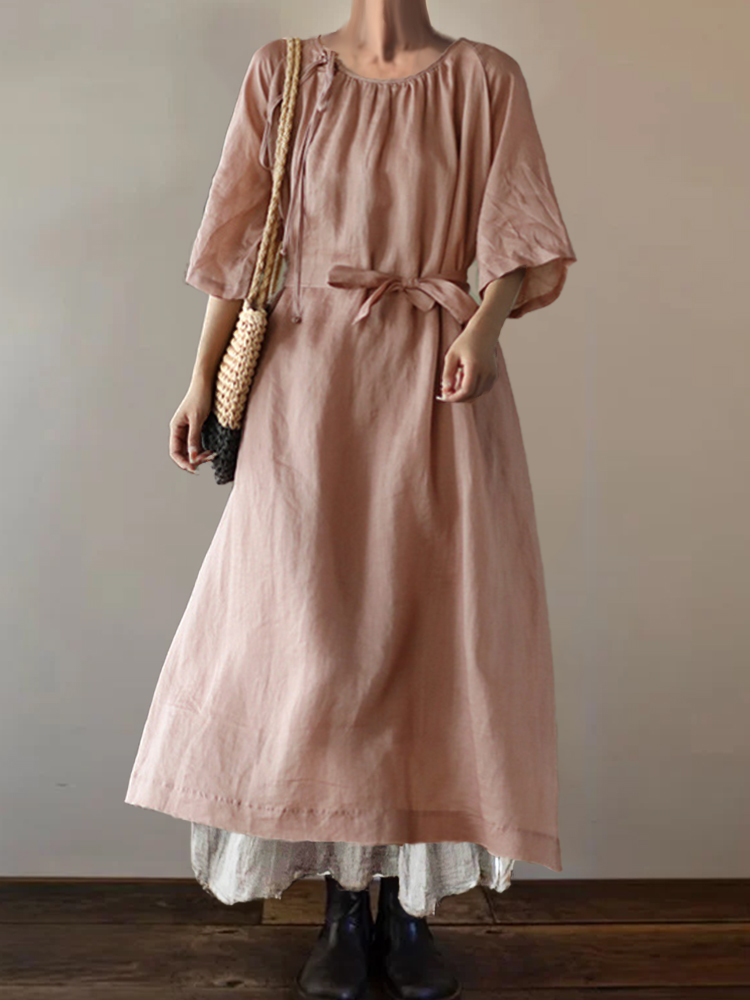 Vintage Tied Pleated Flowy Maxi Dress