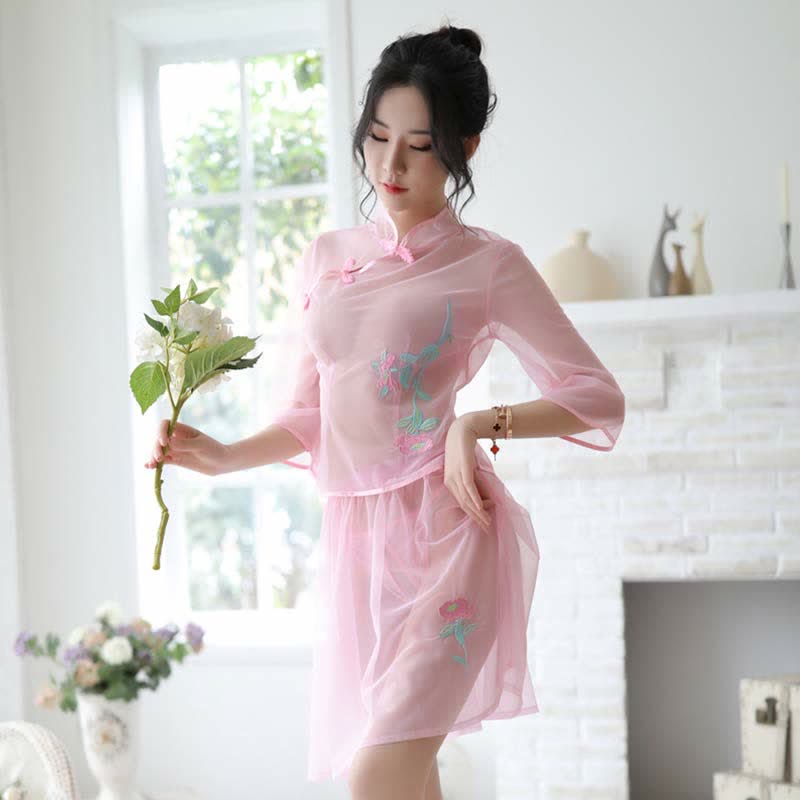 Vintage Floral Embroidery Transparent Mesh Hanfu Lingerie Set