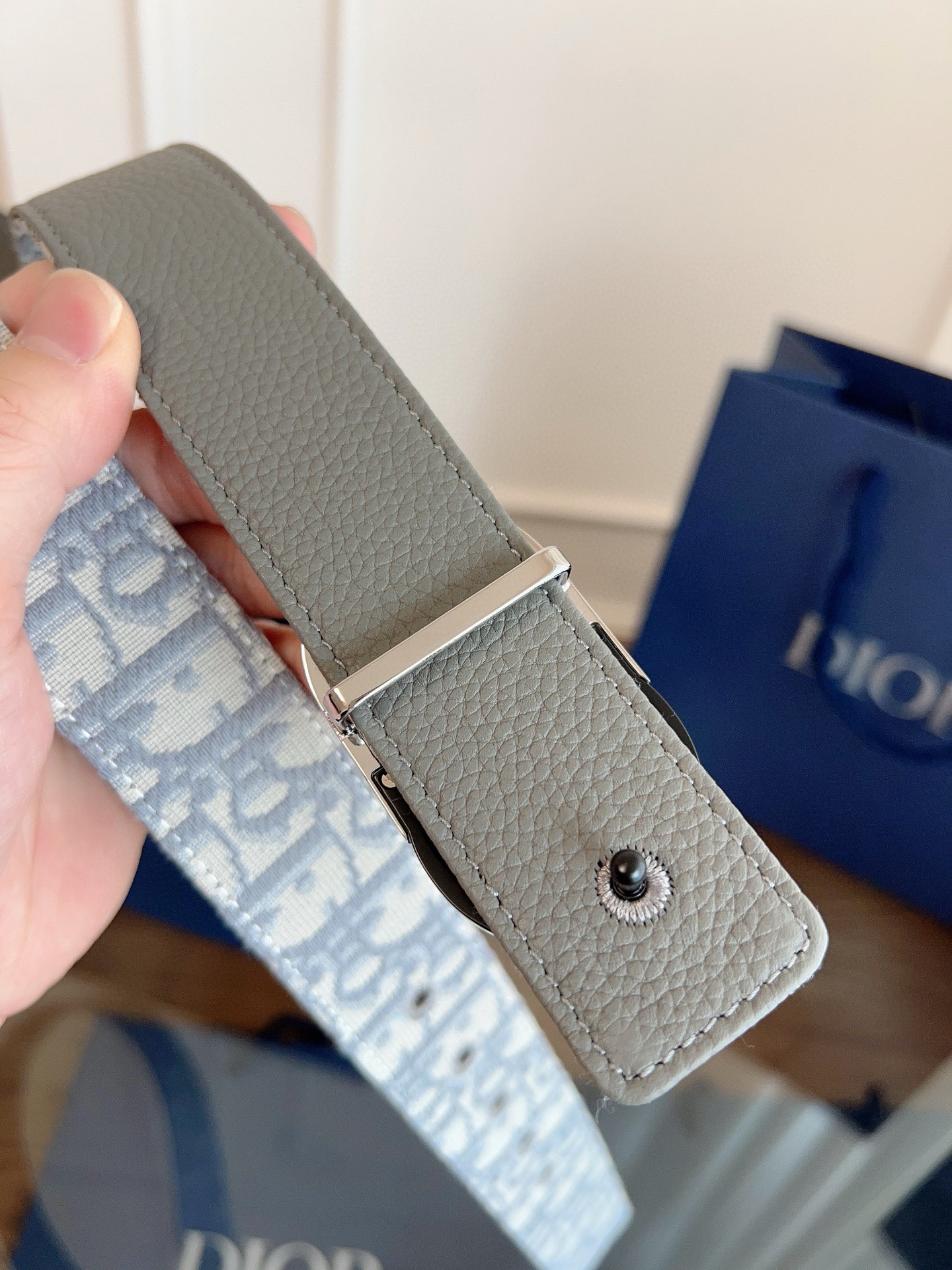 Dior Oblique Grey Cloth Grey Cowhide Leather Strap 3.5cm Wide