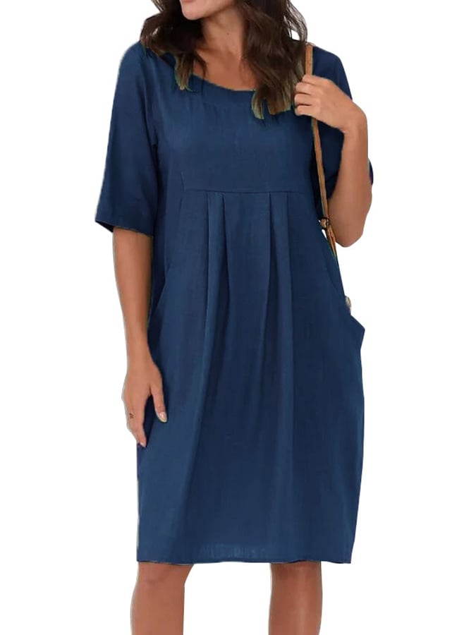 Women's Casual Loose Round Neck Short Sleeve Cotton And Linen Dress