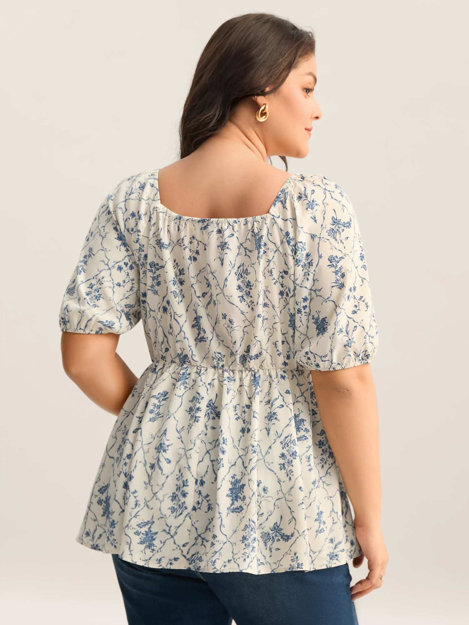 Floral Pleated Bodice Puffy Sleeve Blouse