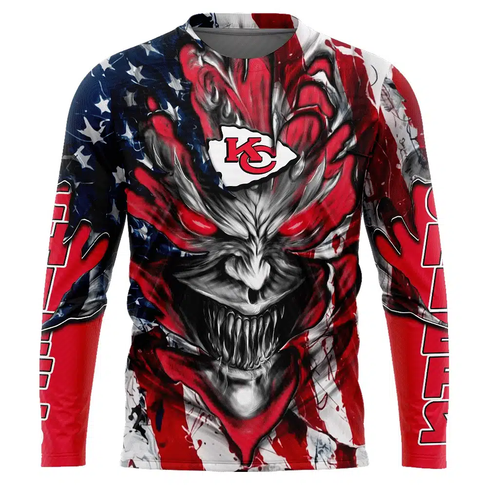 KANSAS CITY CHIEFS DEMON FACE AMERICAN FLAG-3D UNISEX HOODIE