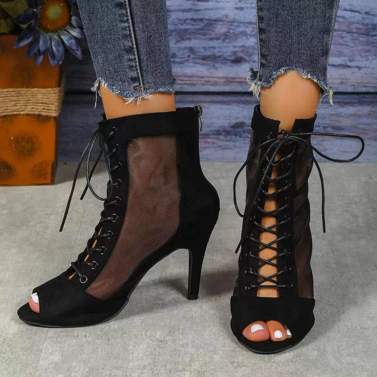 Mesh Fish Mouth Stiletto Heel High Sandal Boots for Women