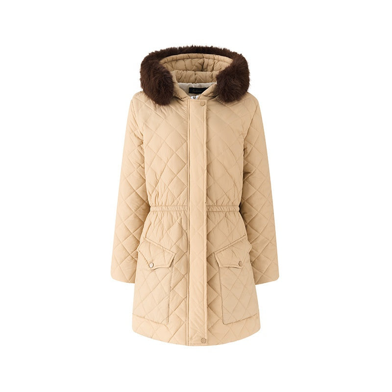 Slim-Fit Plaid Winter Top for Women with Long Sleeves, a Hood, and Lace-Up Detailing