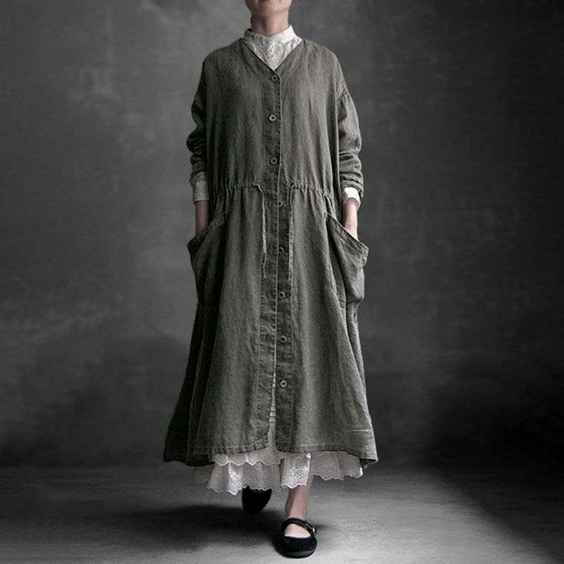 Retro Comfy Button Down Pocket Maxi Dress