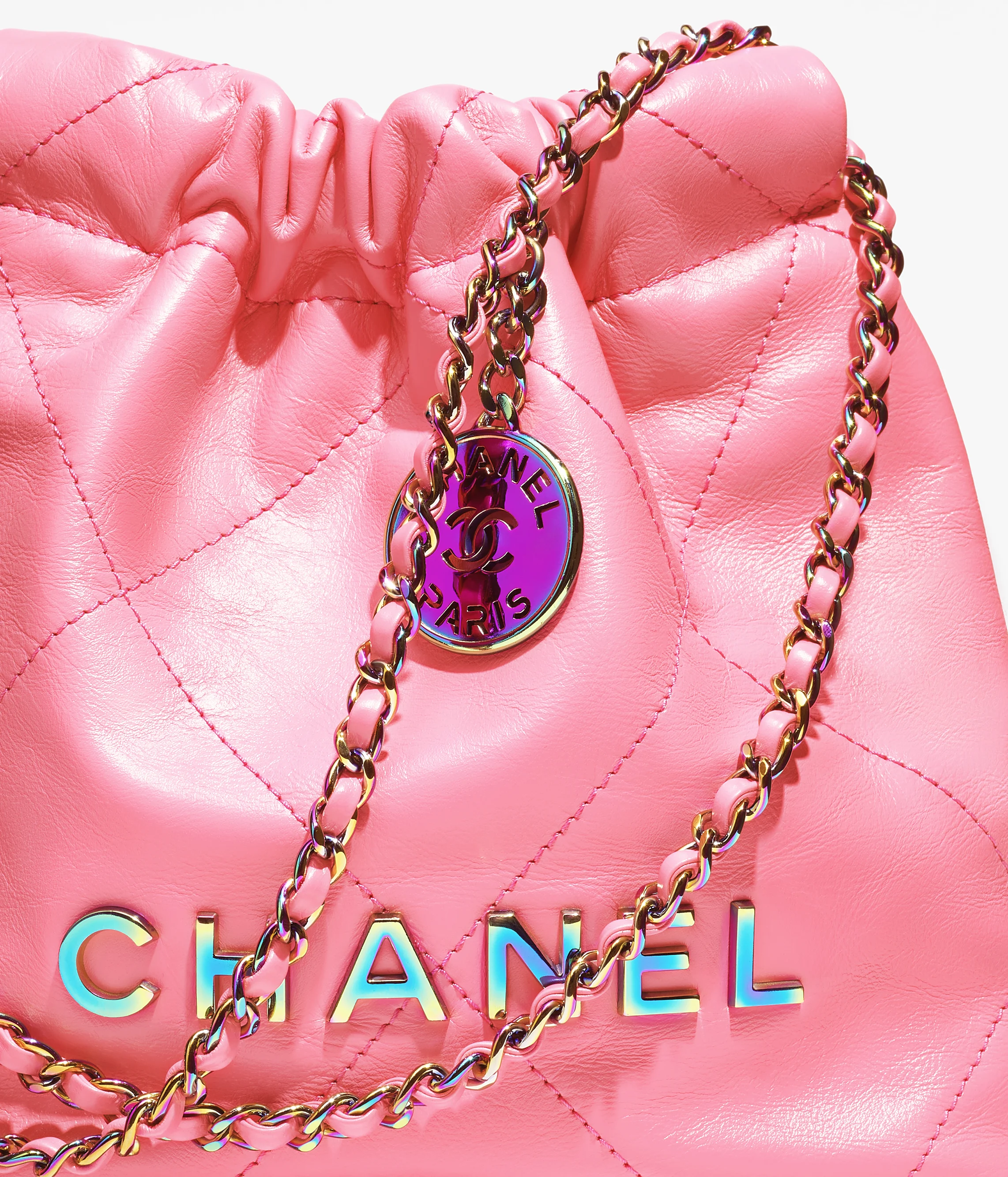 CHANEL 22 Mini Handbag Shiny Calfskin & Rainbow Metal Coral Pink AS3980-B15000-NS836