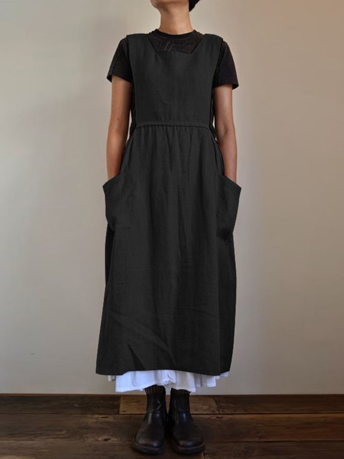 women's cotton linen high waist loose dress