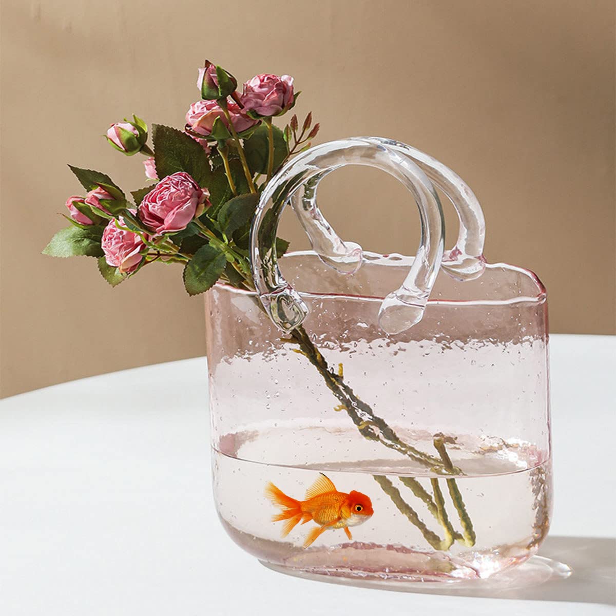 Glass Purse Vases for Flowers,Hand Blown Pink Vase with Bubbles in It