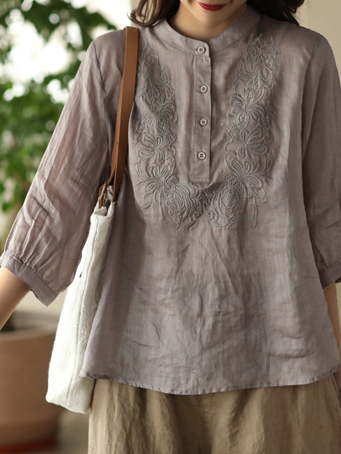 Women's Cotton Art Fashion Embroidery 3/4 Sleeve Half Button Shirt