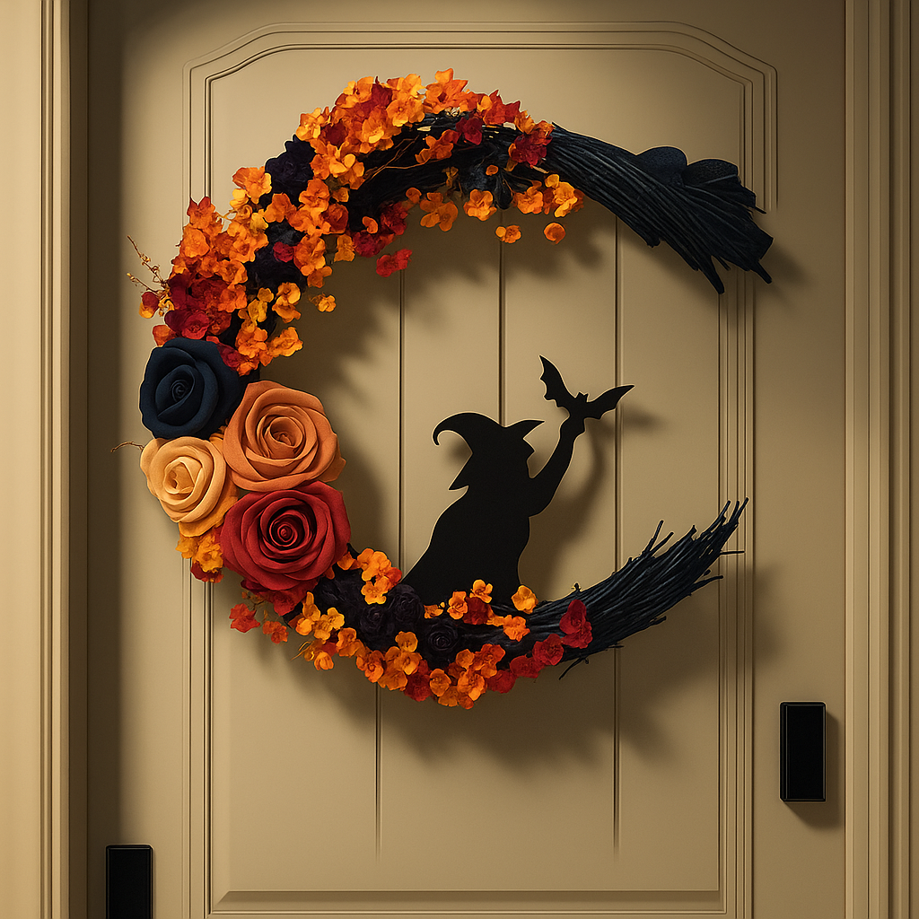 Halloween Floral Gothic Witch & Bat Door Wreath