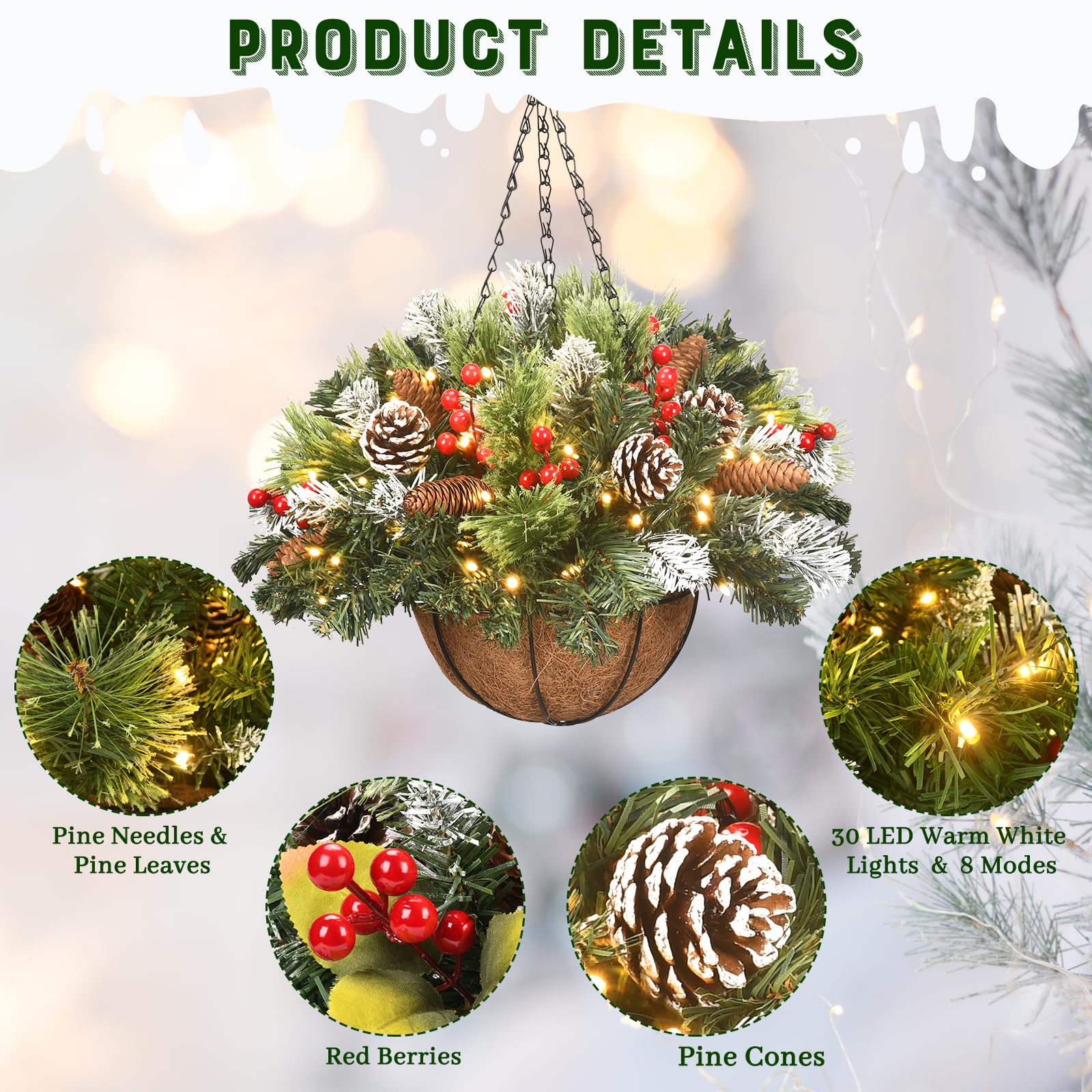 🔥Last Day 50% OFF🔥Pre-lit Artificial Christmas Hanging Basket - Flocked with Mixed Decorations and White LED Lights - Frosted Berry