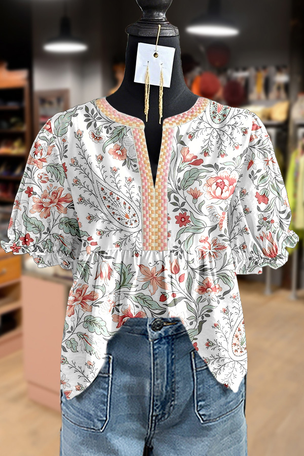 Vintage Floral Print Puff Sleeve Top