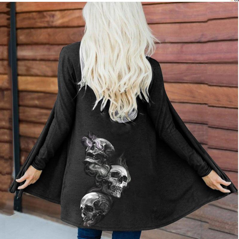Women's Fashion Long Sleeve Cardigan Coat Top with Halloween Skull Print