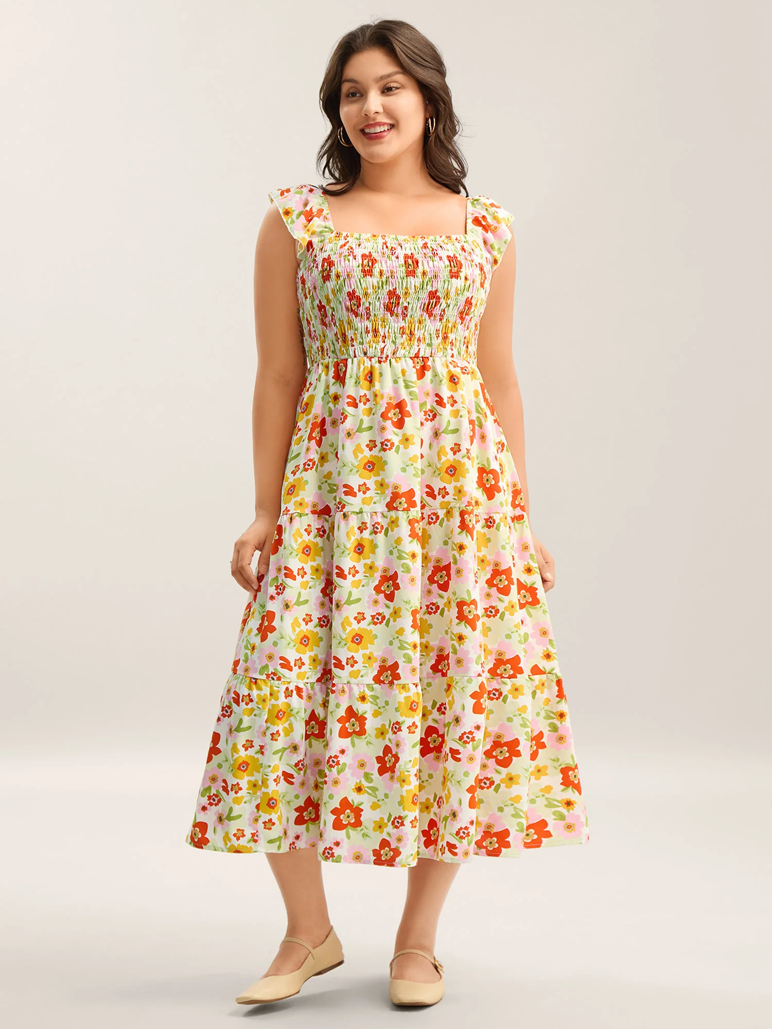 Floral Garden Stretchy Waist Shirred Midi Dress