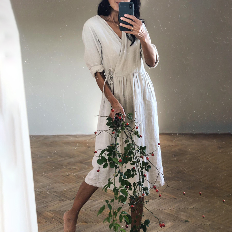 Casual V Neck Solid Tie Wrap Midi Dress