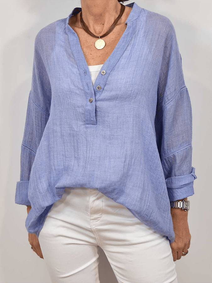 Women's Solid Color V-Neck Lace Splicing Design Casual Cotton And Linen Shirt