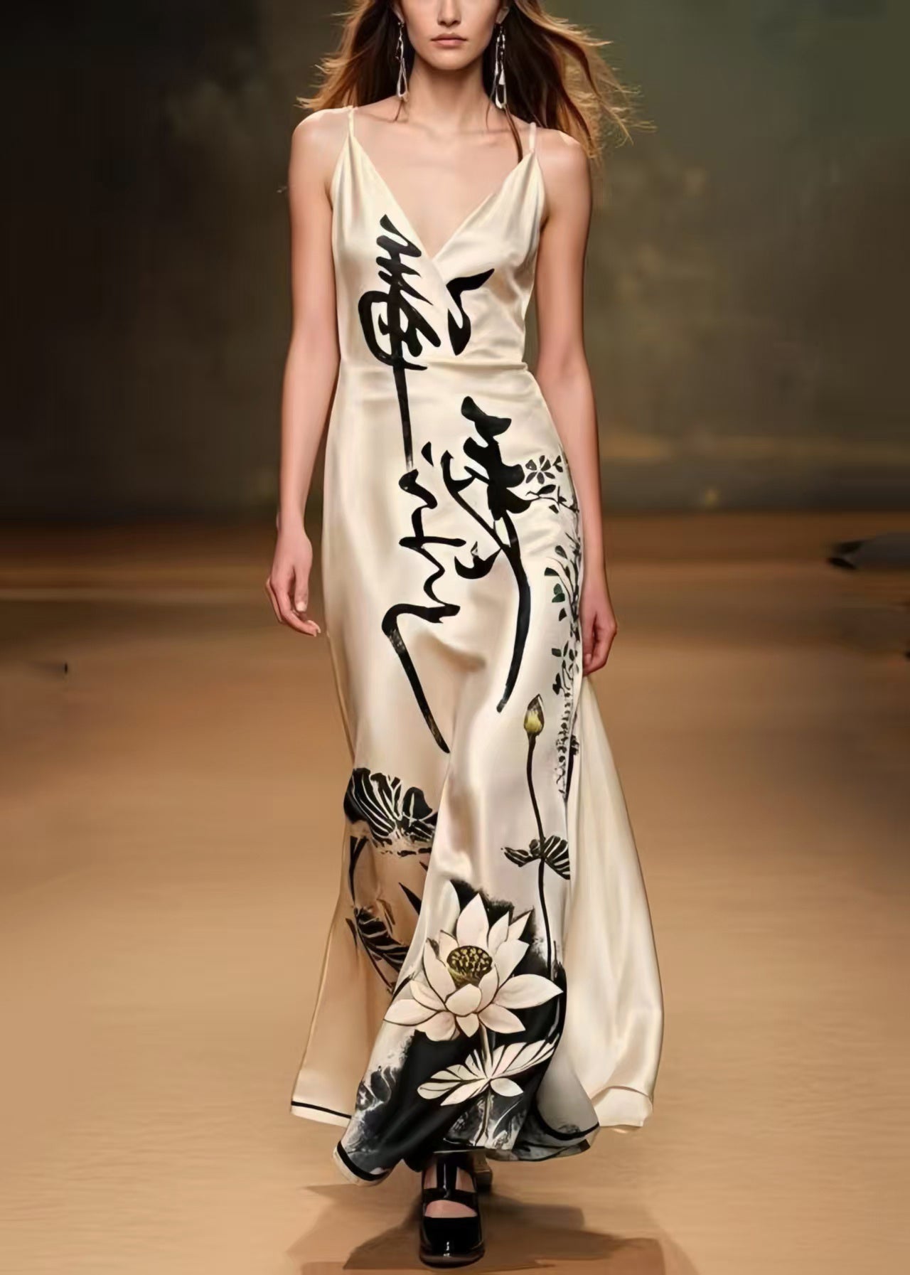 Fitted Apricot Print Draping Silk Party Dress Summer