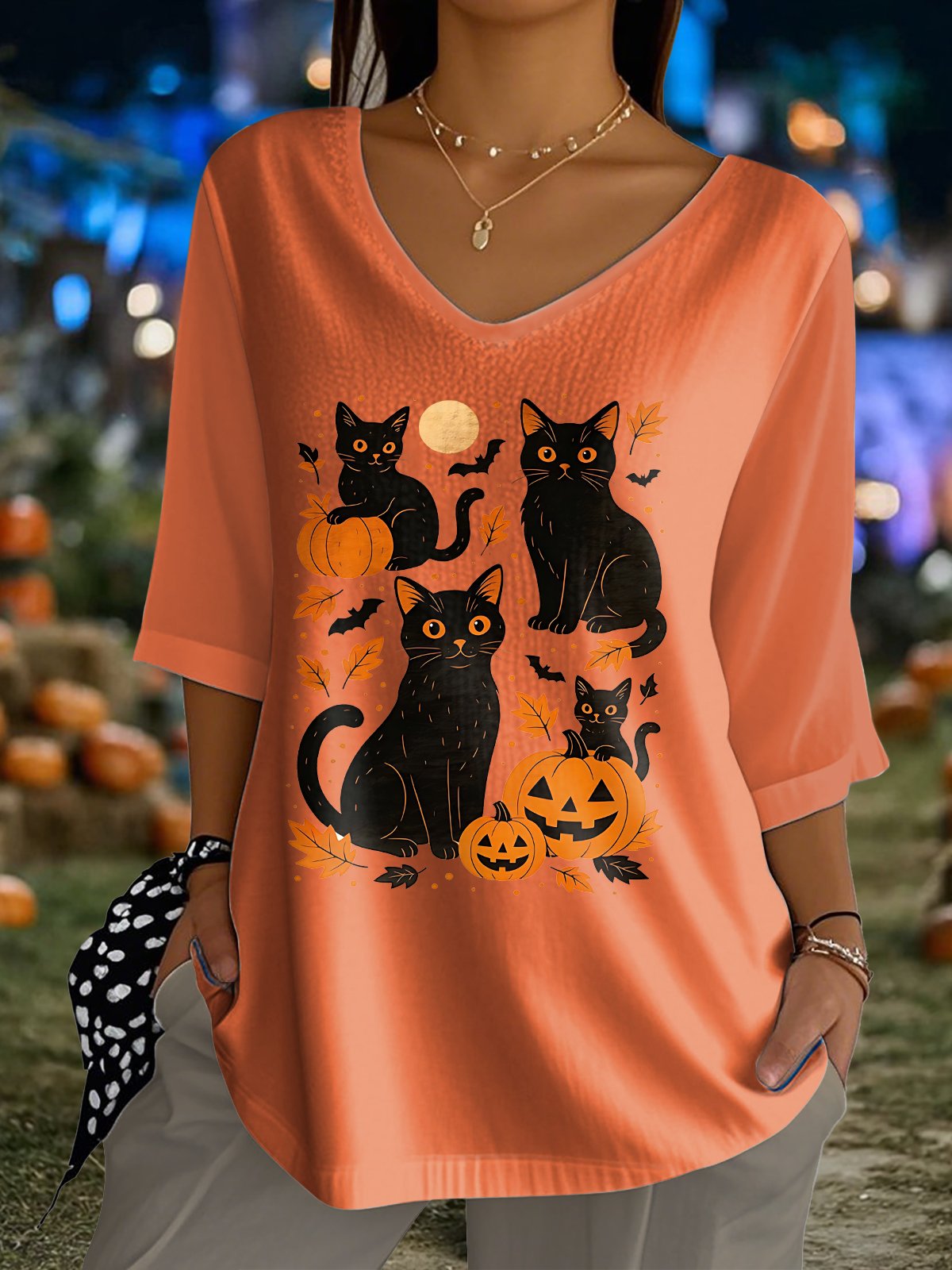🔥Buy 3 Get 10% Off🔥Women's Halloween Black Cat And Pumpkin Print Top