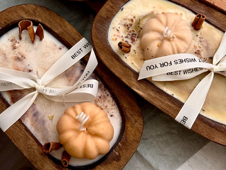 Wooden dough bowl Halloween Candles