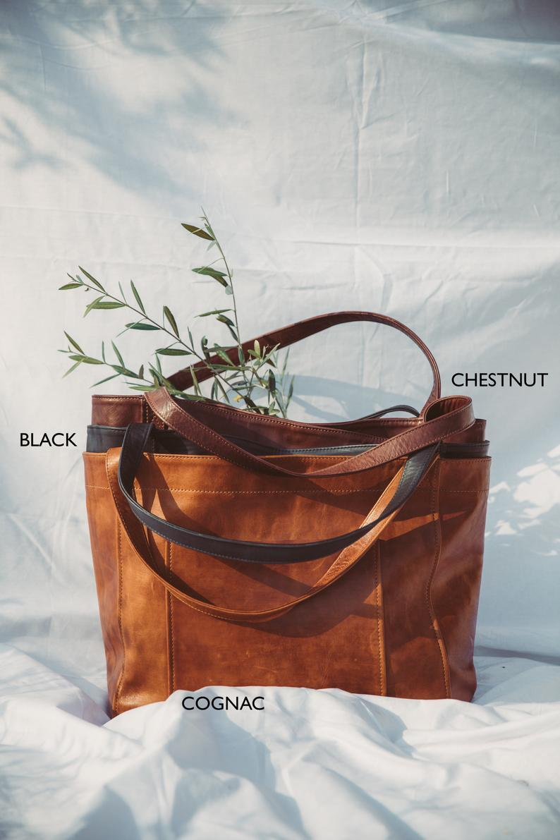 Women's Large Soft Leather Tote Bag With Pocket
