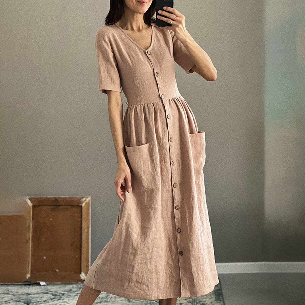 Solid V Neck Button Pocket Midi Dress