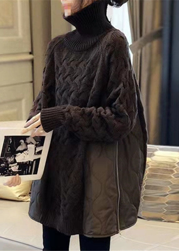Women Coffee Turtleneck Patchwork Thick Fall Sweater
