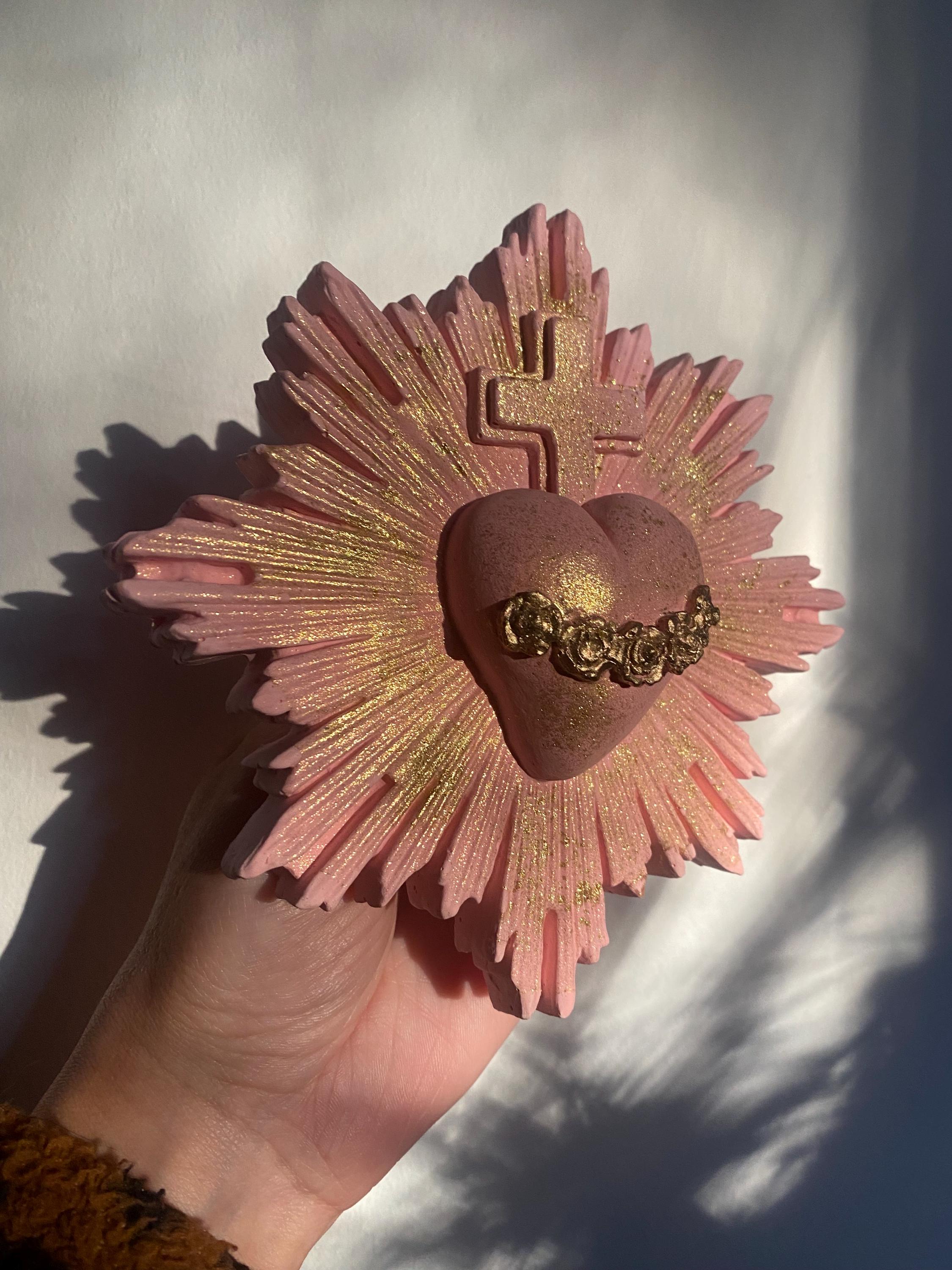 Sacred Heart Wall Decor, Milagro Heart, Flaming Heart & Cross, Handmade.