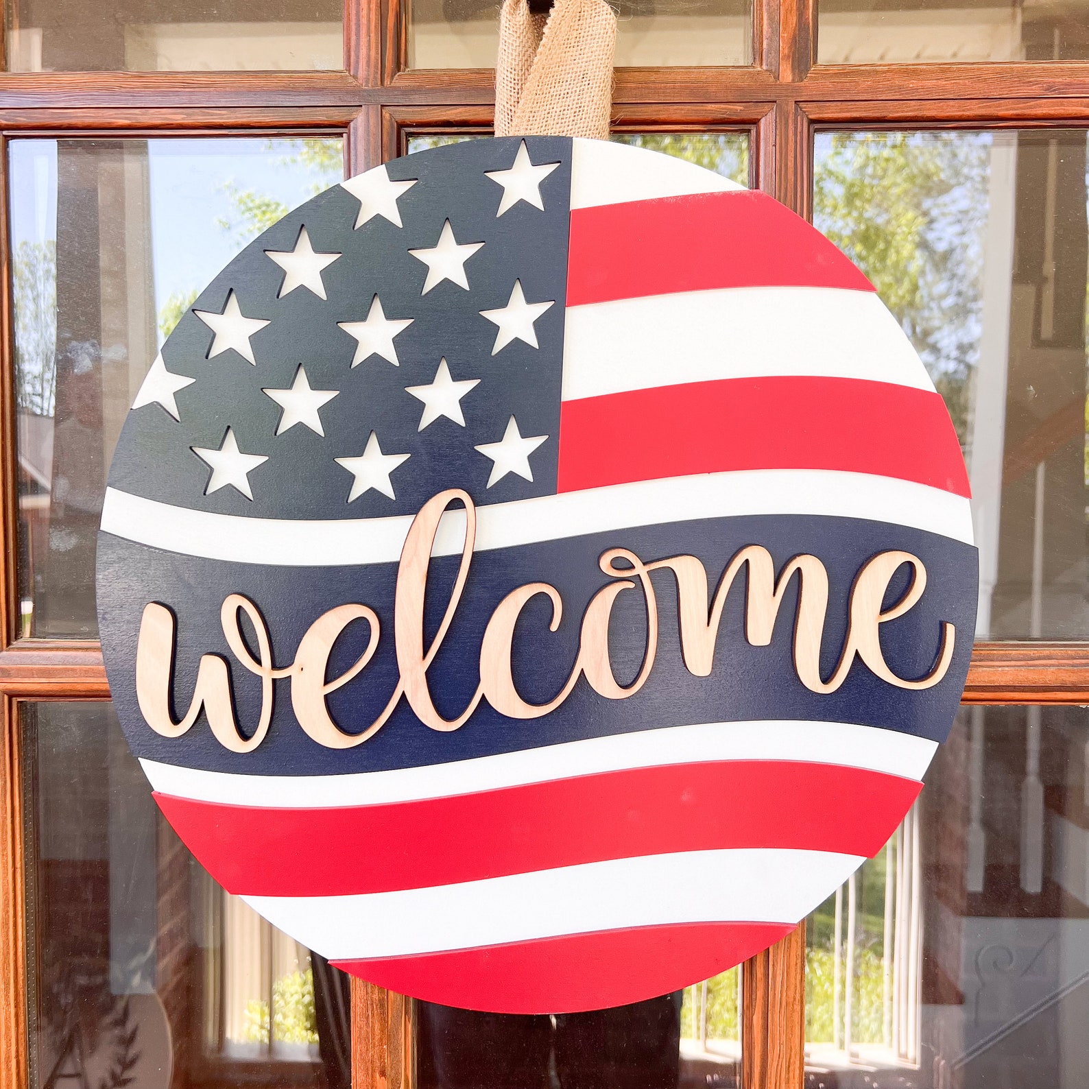 U.S. Sellers🔥4th of July Patriotic Decorations - Red White Blue Wooden Front Door Welcome Sign
